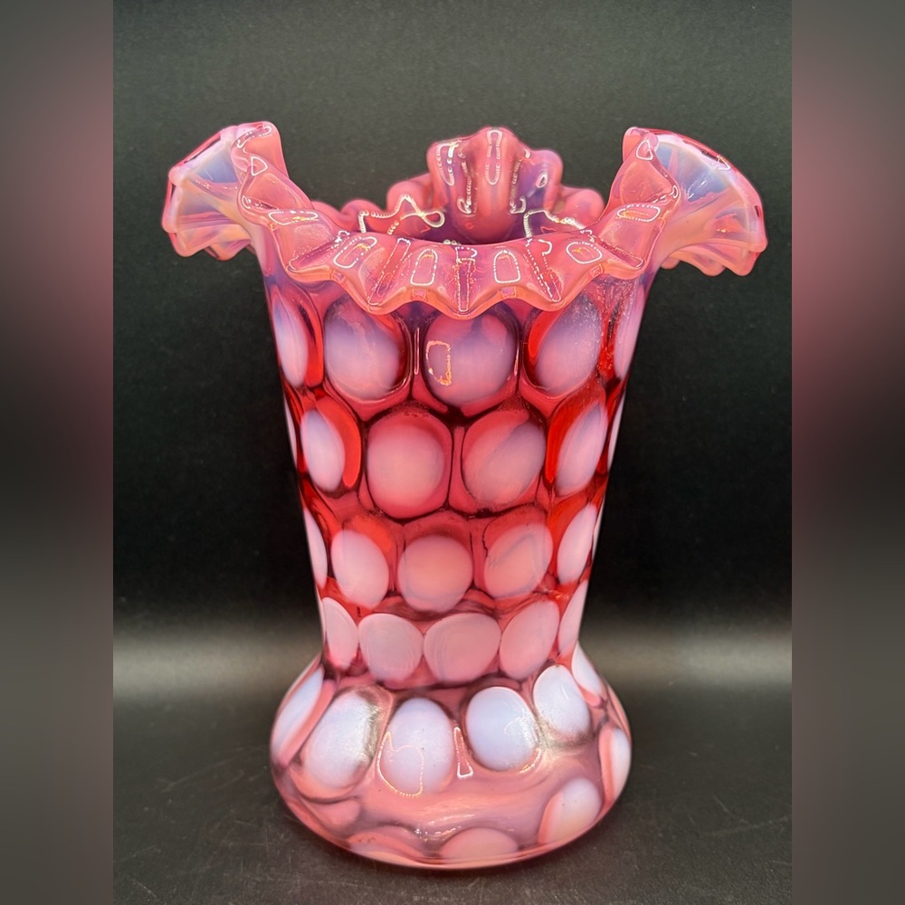 Vintage Mid Century Pink Cranberry Opalescent Ruffle Rim Dot Point Pattern Vase